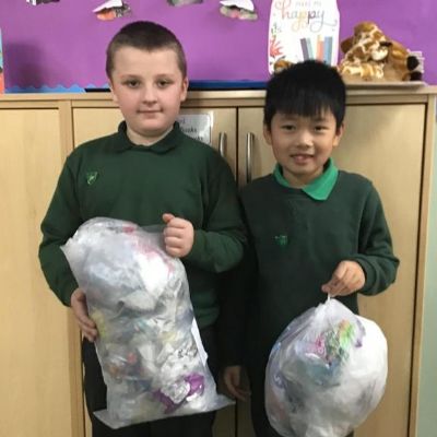 Eco Warriors recycling all of the school's waste paper and soft plastics. Miss Jenkins takes the plastics to our local co-op shop.