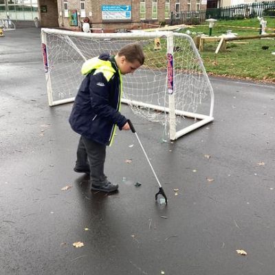Litter picking on the playground, to keep the wildlife in our school environment safe.